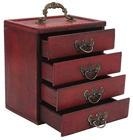 Buachois Holz Schmuckschatulle mit 4 Lagiger Schublade, 16x15x11 cm Retro Chinesischen Deko Schmuckkästchen Make Up Organizer Holzkiste Schmuck Display Box für Ring Armband Halskette