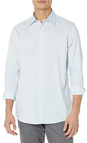 Amazon Essentials Men's Regular Fit Long Sleeve Wrinkle Resistant Stretch Dress Shirt, Blue White Pinstripe, XS