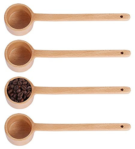 UPTALY Lot de 4 cuillères à mesurer en bois de hêtre de 27 cm (60 ml/per), cuillères à café avec long manche étendu, cuillère à grains de café, cuillère en bois de hêtre pour pots profonds