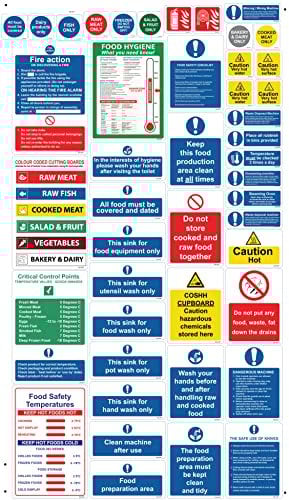 RDLCAR Kitchen Safety Signs and Sticker Qty 45 of Various Sizes Self Adhesive Kitchen Stickers Includes Allergen Labels Coloured Chopping COSHH Stickers