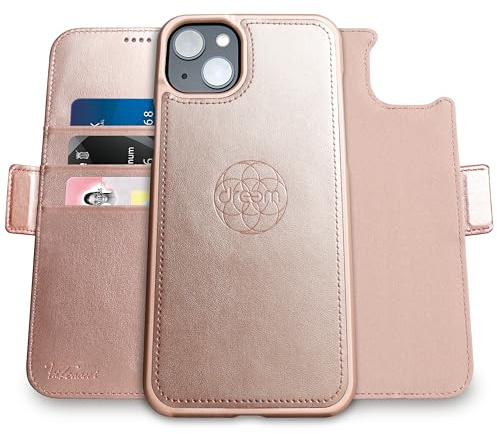 dreem Vegan Leather Magnetic Detachable Wallet Case for iPhone 14 Plus Rose | Built-in Phone Stand, RFID Blocking Card Holder Flip Cover, MagSafe Compatible, Gift Box [Fibonacci: Rose]