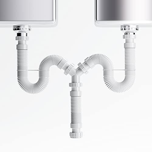 Mucol 1 1/2 or 1 1/4 Double Bowl Sink Drain, Expandable & Flexible All-in-One Solution for Kitchen Sink Drain Kit, Double Sink Drain and Plumbing Kit,Low Profile P Trap with Easy Installation