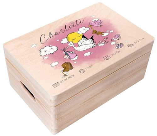 Creative Deco Erinnerungsbox Baby Personalisierte mit Namen - Storch Rosa | Individuelle Erinnerungskiste Geschenk zur Geburt für Mädchen und Jungen | Holzkiste mit Deckel Zeitkapsel | Farbdruck