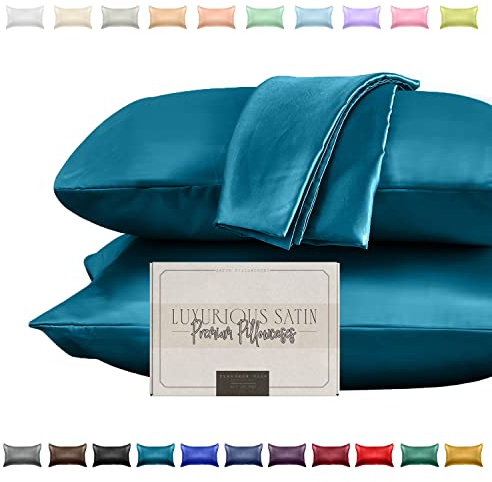 Elegant Comfort Silky and Luxurious 2-Piece Satin Pillowcase Set for Healthier Skin and Hair, Hidden Zipper Closure and Beautifully Packaged, Satin Pillowcase Set, Standard/Queen, Turquoise