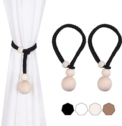 OCIOLI 2 Stück Schwarze Vorhang-Raffhalter Vorhangbinder Webart Seil Vorhang Holdback Drape Raffhalter mit Holzperlen Befestigen Ring Vorhanghalter Vorhangbinder für Vorhänge(schwarz, 2)