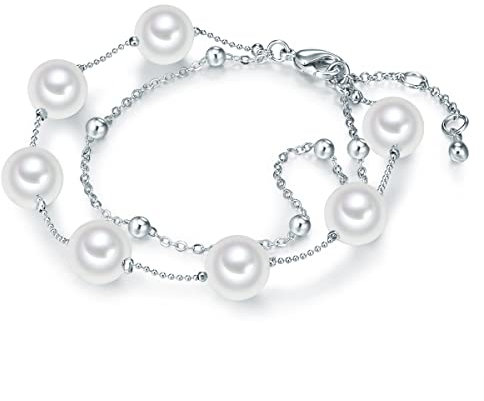 Lulu & Jane Damen Armband Messing silber rund Muschelkernperle 10 mm weiß Modeschmuckarmband
