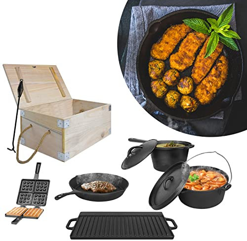 YRHome Juego de ollas holandesas en caja de madera, 11 piezas, con horno holandés con cacerola de madera, cacerola de madera, sartén para gofrera, olla de hierro fundido con tapa