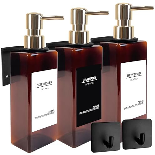 HCYWOC 3 Pièces Distributeur Savon Mural sans Percage, Distributeur de Savon Mural avec 32 Étiquettes Imperméables, 500ml Distributeur Gel Douche Mural, Distributeur Savon Salle de Bain, Ambre Or