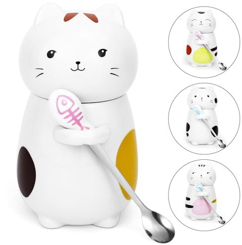 Disoza Taza Del Gato Con La Tapa Del Gato 3d Taza De Café 400 Ml Decoración Del Gato Regalo Taza De Té De Cerámica Con Cuchara De Té Café Taza De Navidad Regalo De Cumpleaños Para Las Mujere