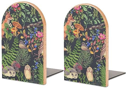Niapessel Book Ends Bookends for Shelves to Hold Books Forest Animals and Plants Print Small Non-Slip Book Stoppers Wood Decorative Home Office Desk