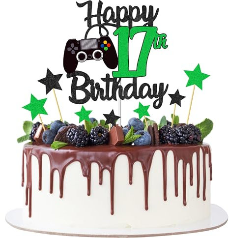 Joyeah Happy 17th Birthday Cake Topper Glitter Video Game Cake Pick Game On Cheers to 17 Years Cake Decoration for Game Theme Happy 17th Birthday Party Supplies Green