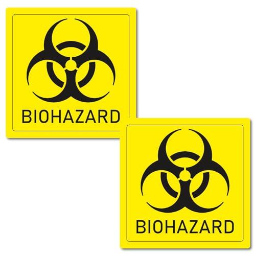 2 Stück Biohazard Warnhinweis Aufkleber 8x8cm Chemie toxisch Bakterium Virus Labor Sticker Toxine Erreger Praxis UV Schutz laminiert wasserfest Digitaldruck Warnung Achtung Farbe: Gelb