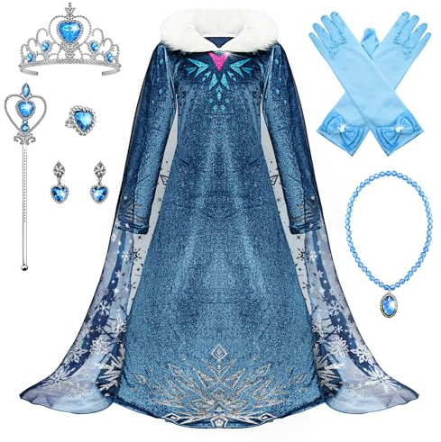 Monissy La Reine des Neiges Elsa Princesse Robe Fille Bleu Col Blanc Duvet Manche Longue Cape Tulle Glace Neiges Imprimé Asymétrique Costume Mariage Anniversaire Canarval,Bleu3,150