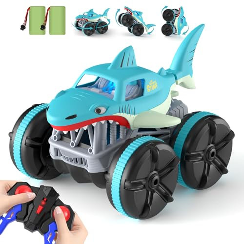 ifollower Amphibious Ferngesteuertes Auto, 360°Flip Stunt RC Auto Amphibienfahrzeug in Hai Optik, 4WD mit LED Licht Monstertruck, Maßstab 1:14 mit 2 Akkus, Geschenke für Kinder ab 3 Jahren