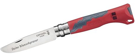 Opinel Outdoor Junior Kindermesser mit Kunststoffgriff | persönliche Gravur | vorne abgerundete Spitze | rostfrei | Signalpfeife | Virobloc | Geschenk (rot)