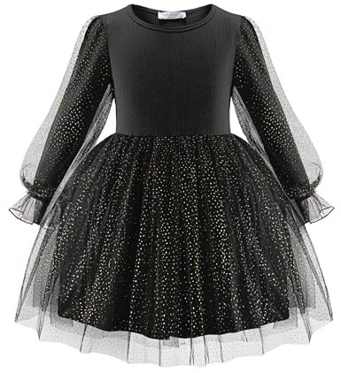 Arshiner Girls Dresses Tulle Kids Long Sleeve Dresses Lanternes Manches A-line Round Neck Dresses Party Autumn Winter Dress for Girls 3-4 Years Black