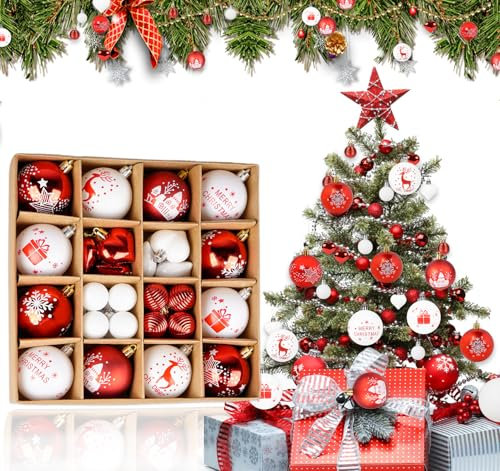 absolove 36Pcs Christmas Tree Baubles, Red and White Christmas Decorations, 6CM/2.36Large Size Plastic Hanging Ball and 4CM/1.57 Small Size Christmas Balls Ornaments for Xmas Tree, Holiday, Party