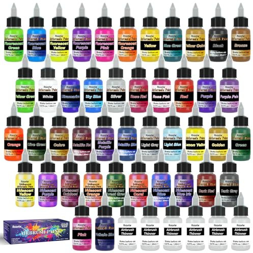 Roizefar Pintura Para Aerógrafo, Kit De Pintura Para Aerógrafo, Pinturas Acrílicas + Diluyentes Para Aerógrafo, 20 ml/Botella (44 Pinturas Acrílicas + 6 Diluyentes)