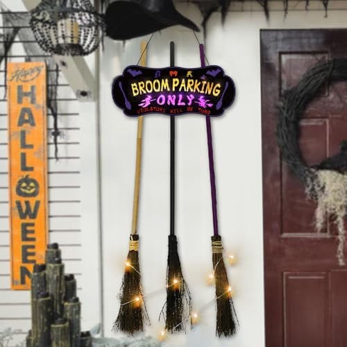 Landifor Halloween Lighted Witch Brooms Parking Sign Spooky LED Halloween Witch Decor Halloween Witch's Broom Hocus Pocus Decor for Indoor Outdoor Home Office Room Front Yard Porch Garage Hallway