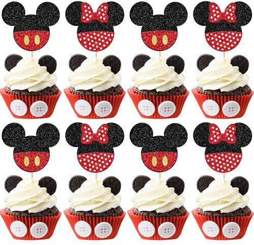 24 Stück Maus inspiriert Cupcake Toppers Glitzer Maus Tortendeko Maus Kuchen Deko mit Fliege für Maus Thema Baby Dusche Kinder Geburtstag Party Kuchen Dekorationen Schwarz Rot