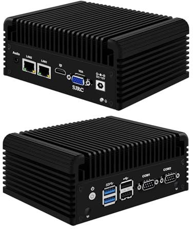 SJRC Low Power Mini PC Celeron N2840, Fanless Industrial Computer with Dual COM RS232, 2 x RJ45 Gigabit LAN Micro Desktop Computer with 8GB RAM 64GB SSD, HD, VGA, WiFi5/BT4.2
