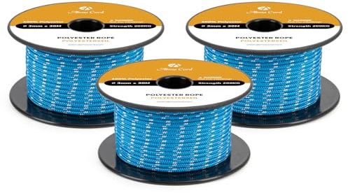 Abma Cord Cuerda Poliéster Trenzada 3mm x 30m para Nautica, Exterior, Barco, Amarre, Driza - Azul/Blanco