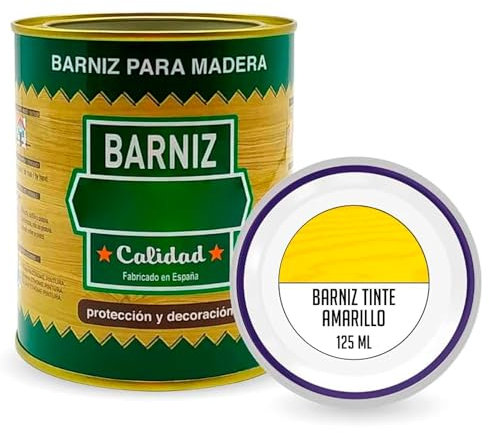 Tradineur - Bote de Barniz para Madera - Fabricado en España - Ideal para todo tipo de Maderas, vigas, cerchas, marcos, etc. - Capacidad de 125 ML - Amarillo