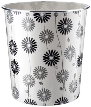 Homeshopa Plastic Waste Paper Basket Bin, Floral Retro Round Trash Can, Lightweight Recycling Rubbish Bin for Kitchen, Bedroom, Bathroom, Open-Top Garbage Dustbin, 7.7 Litre (Black & Grey Daisy)