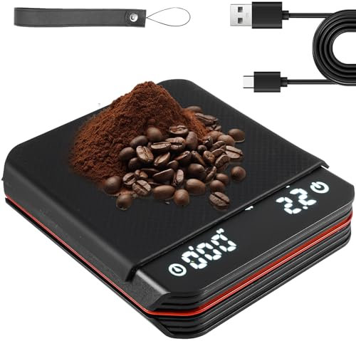 Espresso Waage mit Timer, 3 Modi Digital USB Aufladbar Mini Kaffeewaage mit LED-Anzeigebildschirm Timer, 0.1g Hohe Präzision Tropfkaffeewaage für Filterkaffee, Kochen, Backen, Feinwaage (Schwarz)