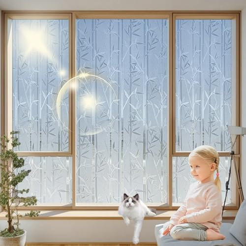 Fenster Scheibenfolie Blickdicht 70 x 250 cm, Privatsphäre, Uv-Schutz, Sonnenschutz, Gegen Hitze, Haftend Ohne Klebstoff, Glasschutzfolie Splitterschutzfolie, Bambus