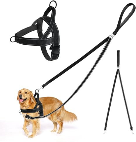 Hundegeschirr mit Leine, Anti-Zug Hundeleine und Geschirr, Keine Verwicklung Doppelleine, Verstellbares Reflektierend Brustgeschirr, zum Spaziergänge und Training für mittel große Hunde (S)