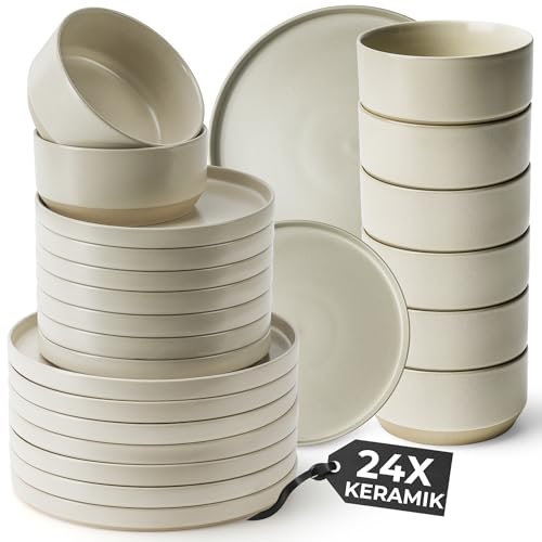 MIAMIO – Juegos de Vajilla para 8 Personas/Juego de Vajilla de Gres de 24 Piezas en Beige/Lavavajillas y Apto para Microondas - Colección Sierra (Claro, Vajilla (24x))