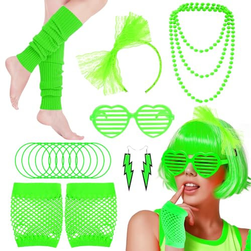 80s Fancy Dress Accessories Set, 1980s Retro Costume Kit with Bow Headband Leg Warmers Fishnet Gloves Earrings Necklace for Women Girls 80s Theme Party Hen Do Party Supplies (Green)