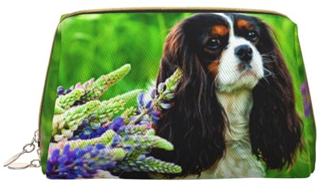 Kulturbeutel, Make-up-Tasche, Kosmetiktasche, tragbare Reise-Kulturtasche mit Reißverschluss,Cavalier King Charles Spaniel Hund Lupine Blumen