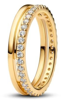 PANDORA Timeless Doppelbandring aus 14K vergoldetem Sterling Silber mit Zirkonia, Größe: 56, 163799C01-56