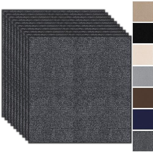 Teppichfliesen 50x50cm Teppichfliesen Selbstklebend - 10 Stück Set - 2.5m² - Teppichboden, Teppich Fliesen mit Rückendeckung, Strapazierfähiger Teppich Bodenbelag für Wohnung, Büro, Gewerbe,Dunkelgrau