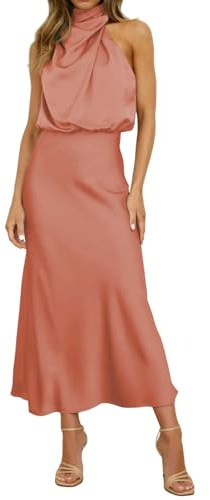 YIMAISZQ Kleid Damen Sommer Satin Elegant Ärmellos Mock Neck Cocktail Party Maxi Kleider-rosa-m