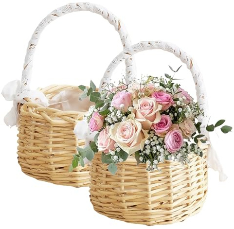2 stycken blomkorg bröllop, blomsterflickskorgar med handtag, mini flätad blomkorg, påskkorg med handtag, liten flätad korg med handtag, flätad med handtag för fest, festival