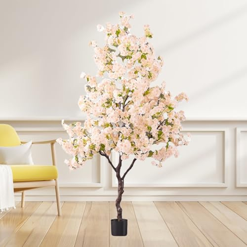 Plante Artificielle Exterieur Cerisiers Artificiels en Fleurs, Fausses Fleurs en Pot pour la Maison, Faux Sakura Hauteur 50-200 Cm, Faux Arbre Réaliste pour Arrière-plan de Photographie(White,150cm(59