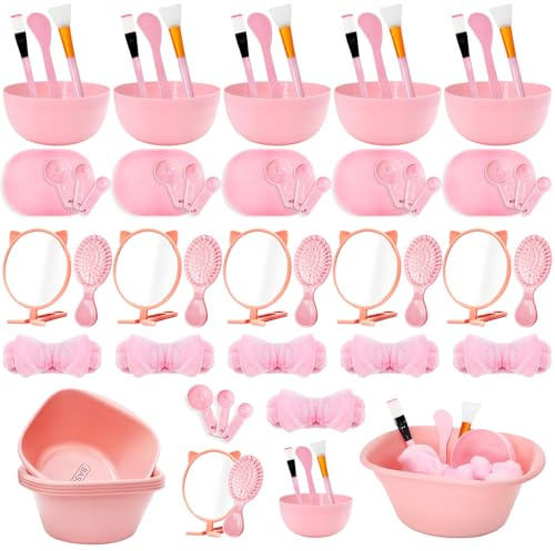 60 Pcs Spa Party Supplies for Girls, Sleepover Pamper Party Kit with 6 Mixing Bowls, Mirrors, Combs, Headbands, Brushes, Sponges, Measuring Spoons & Basins, Parties Favors Gift