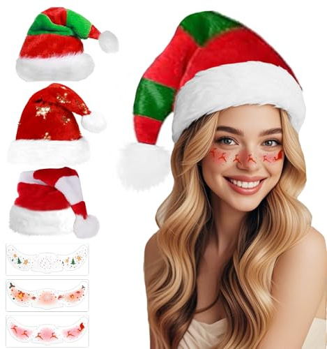 WENAUANG 6 Stuck Weihnachtsmütze Tattoo Set, 3 Weihnachtsmütze Nikolausmütze mit 3 Tattoo, Plüsch Rand Weihnachtsmann Santa Mütze, Weihnachtsfeier Familie für Unisex