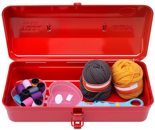 Werkzeugkoffer Leer 37×16×12cm Werkzeugbox mit Tragegriff Schloss Werkzeugkiste Metall Robust Langlebig für Nähzubehör Reparaturwerkzeuge Hardwareteile (rot)