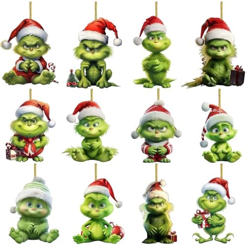 12 Stück Weihnachten Deko, Weihnachtsbaum Deko, mit Elastischer Kordel 2D Acryl Anhänger, Weihnachtlicher Baumschmuck
