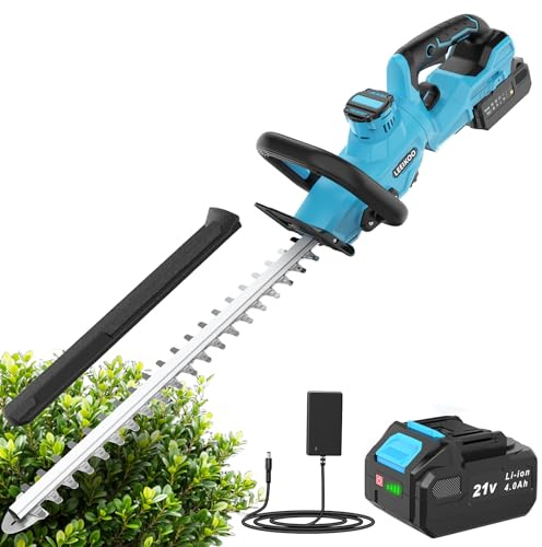 LEEIKOO Tagliasiepi a Batteria, Tagliasiepi Elettrico con 4.0Ah Batteria, 180° Regolabile Tagliasiepi, 51cm Lunghezza Lama, 16mm Distanza tra i Denti, Copri Lama per Siepi, Rami, Arbusti (Blu)