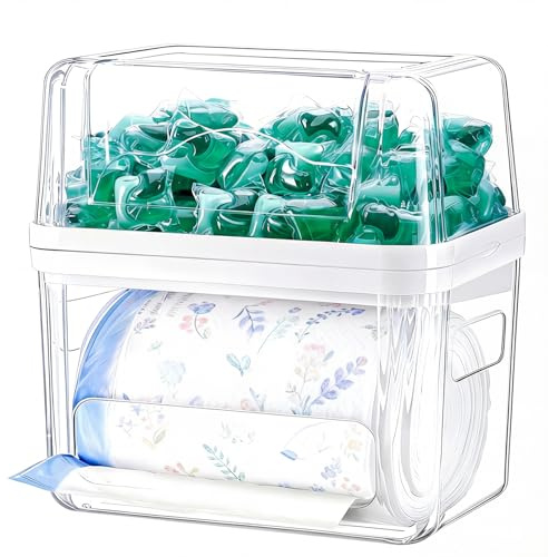 ALLILUYAA Waschmittel Aufbewahrung,Waschpulverbehälter mit luftdichtem Deckel,Mehrzweck-Waschmittelbox, Verwendbar für Müllbeutel, Waschmittelkapseln und Waschmittelblätter,Transparent