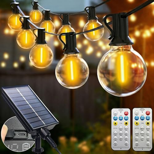 btfarm 2 Stück Solar Lichterkette Outdoor 20M mit Fernbedienung, Wetterfest | Lichterkette Außen Solar, 25+2LED G40 Glühbirnen, 8 Modi Solarlichterkette Outdoor für Garten Balkon Party Deko, Warmweiß
