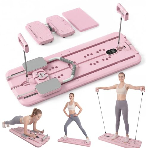 MaxU Planche de Pilates Pliable avec Module de Ski, Bandes de résistance à 3 Niveaux, Compteur de Calories, Temps, répétitions, capacité de Charge de 200 kg, Support de téléphone Portable