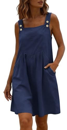 Pinafore Dresses for Women UK Cotton Linen Buttons Wide Straps Mini Dress Sleeveless Summer Overall Dress with Pockets Ladies Casual Square Neck Short Dungarees Navy