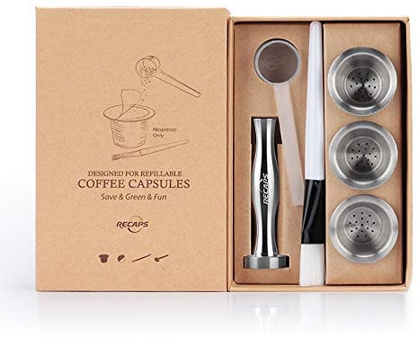 RECAPS Wiederverwendbare Kapseln Edelstahl Nachfüllbare Pods Kompatibel Mit Nespresso (3 Kapsel +1 Kaffee Hammer+ 120 Dichtungen)