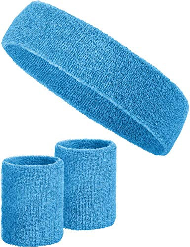 3-teiliges Schweißband-Set mit 2X Schweißbändern für die Handgelenke + 1x Stirnband für Damen & Herren (Hellblau)
